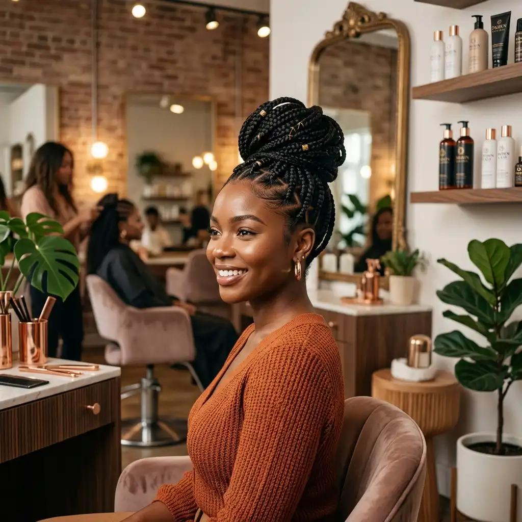 Mulher sorridente com tranças afro
